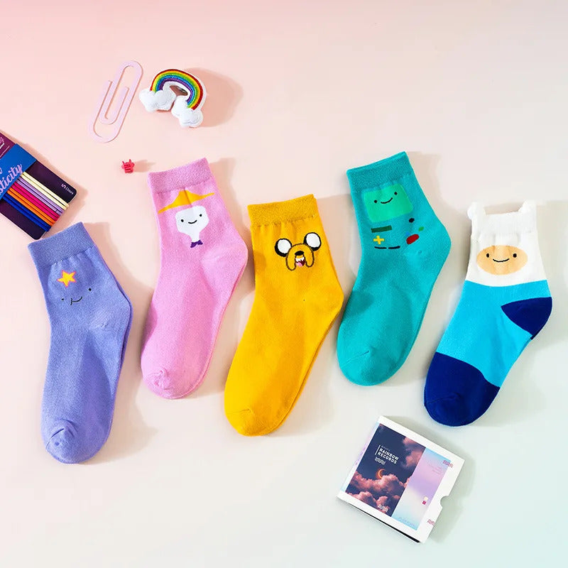 5 Pairs/Set Cartoon Funny Cute Patterned Women Socks Ins Candy Coloured Socks Suit In All Seasons For Daily