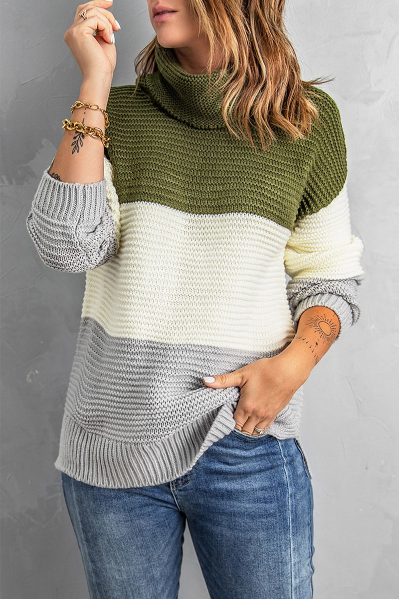 Green Turtleneck Color Block Pullover Sweater