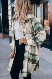 Brown Plaid Print Flap Pockets Long Shacket