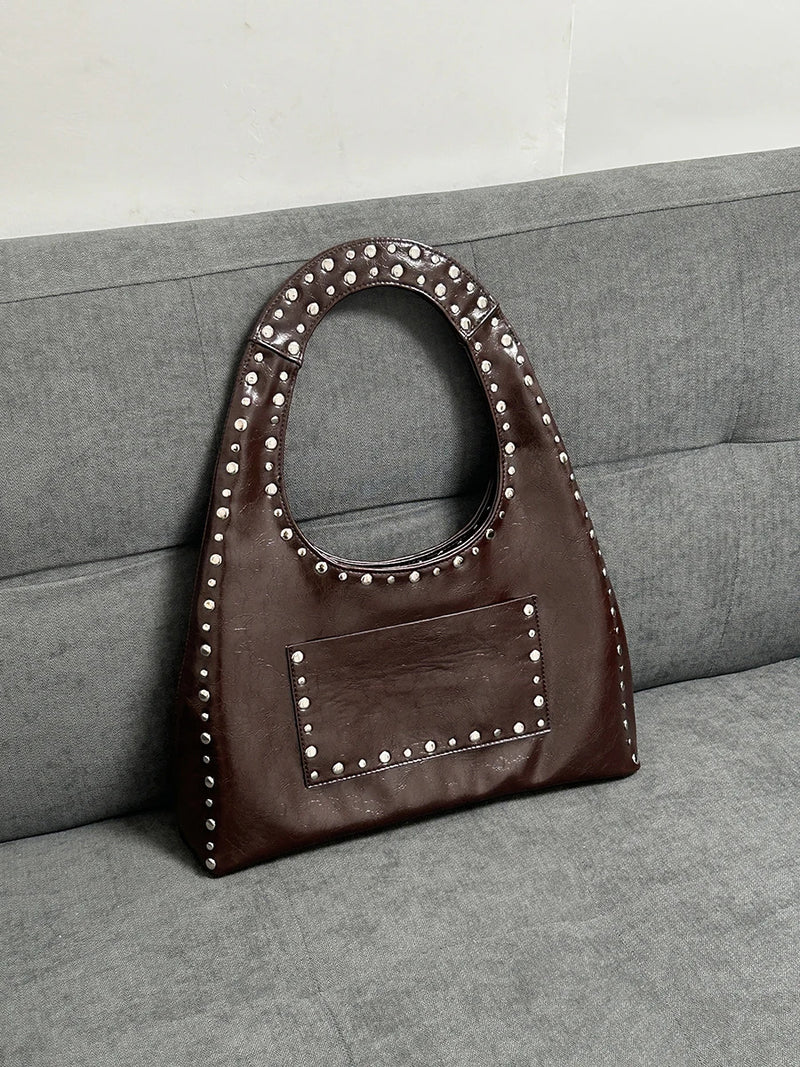 24 new retro rivet decorative shoulder bag European and American motorcycle wind oil wax leather armpit handbag for women