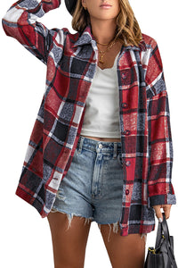 Fiery Red Plaid Print Buttoned Shirt Jacket