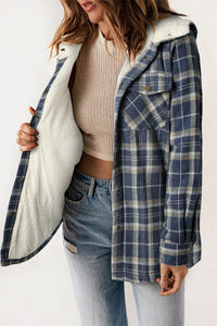 Blue Plaid Pattern Sherpa Lined Hooded Shacket