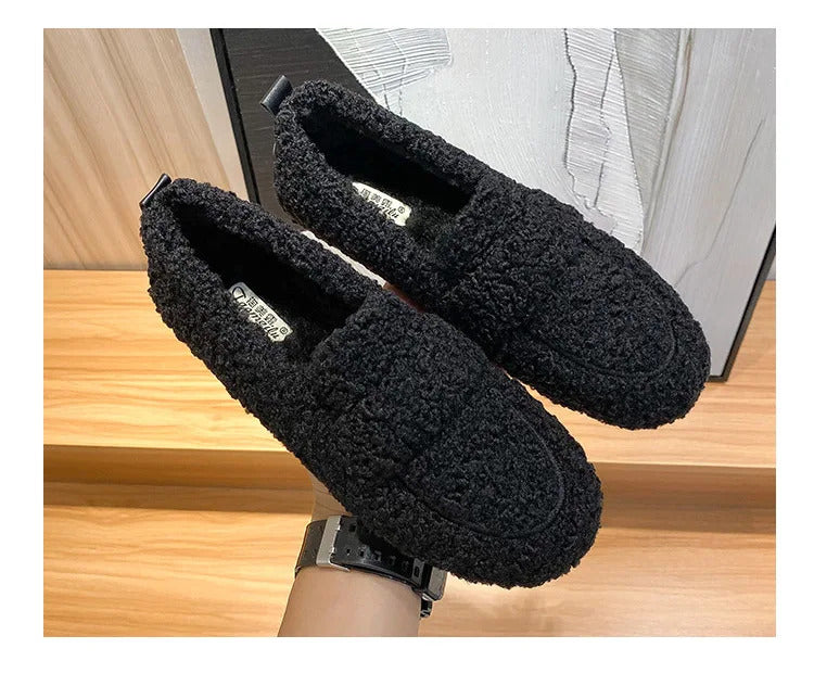 Luxury Sheep Fur Lined Loafers Women Lambswool Shoes Ladies Winter Slip On Furry Flats Cotton Wool Mocasine Femme Barefoot Boots