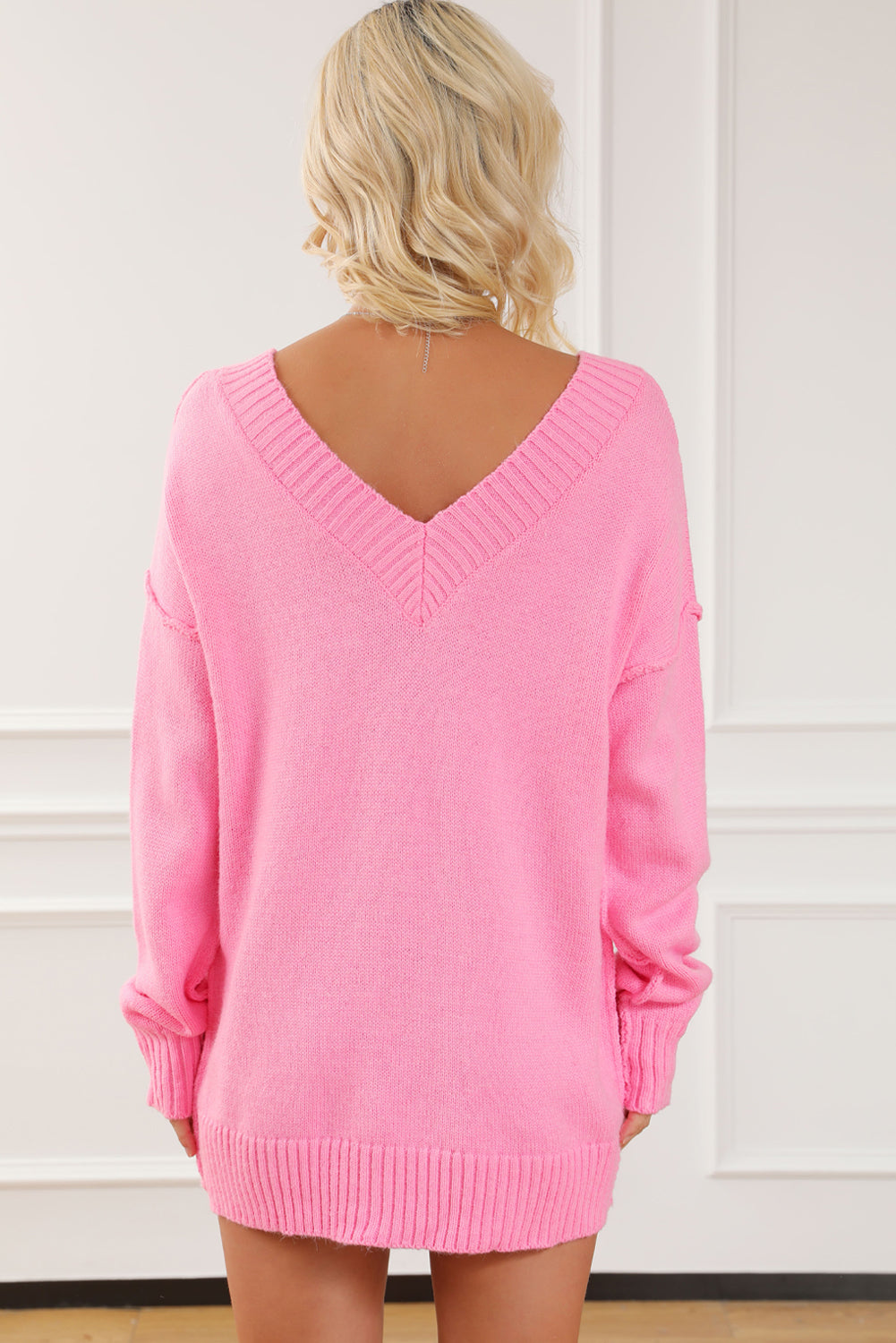 Pink Exposed Seam V Neck Slouchy Sweater