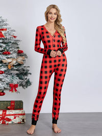 Back Buttoned Flap Pajamas Jumpsuit for Women Christmas Sleepwear Fall Winter Printed Long Sleeve Rompers Loungwear Outfit