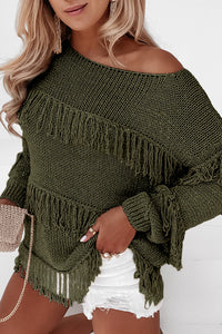 Green Boho Tasseled Knitted Sweater