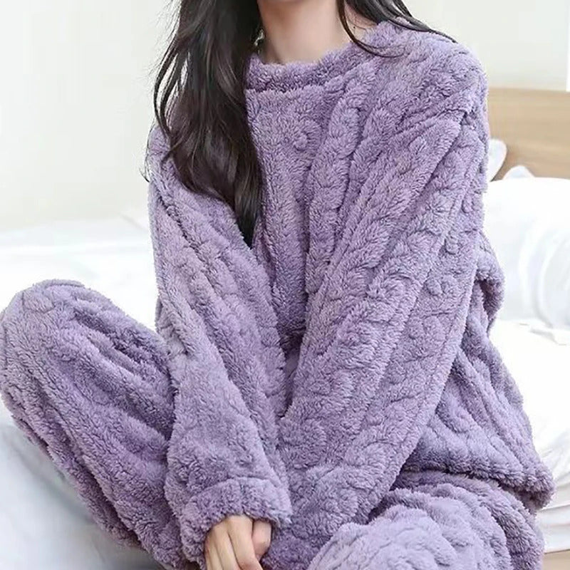 Autumn Women Solid Warm 2 Piece Sets Thicken Velvet Ribbed Fleece Set Pullover And Pants Women Casual Pajama Sets 2024