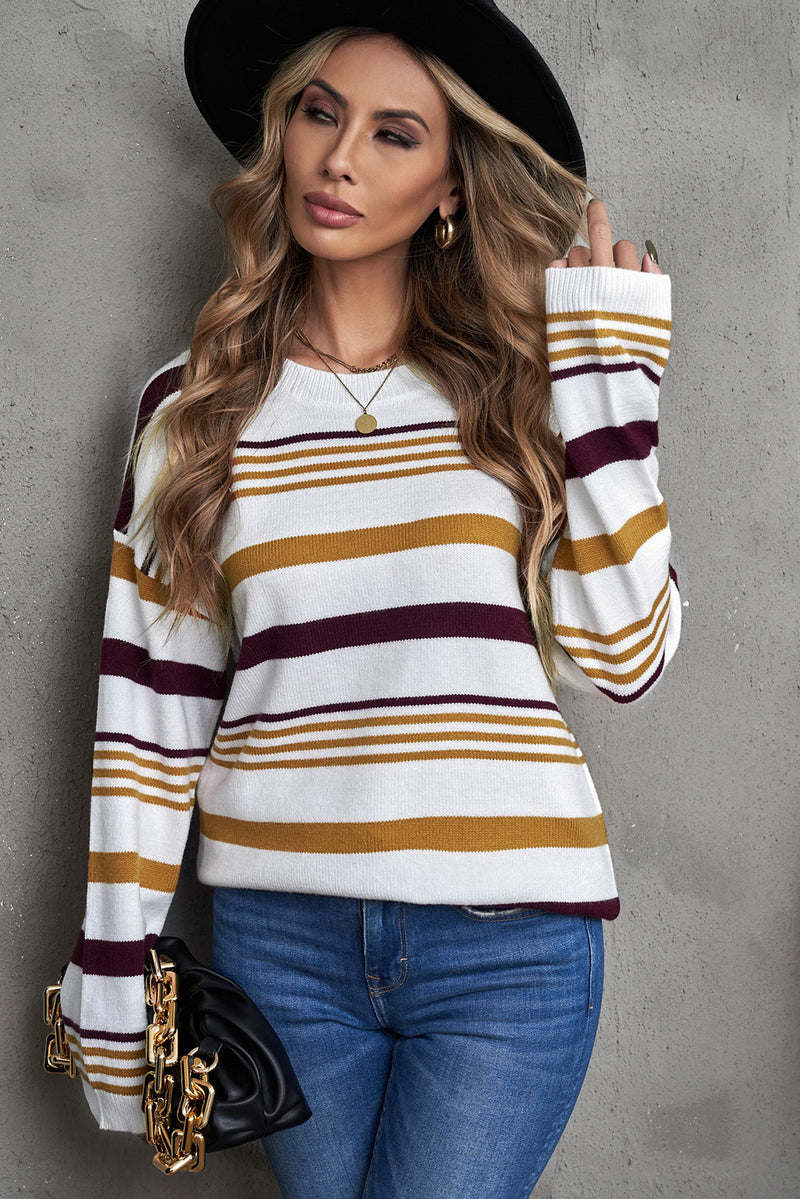 Brown Striped Crewneck Long Sleeve Sweater