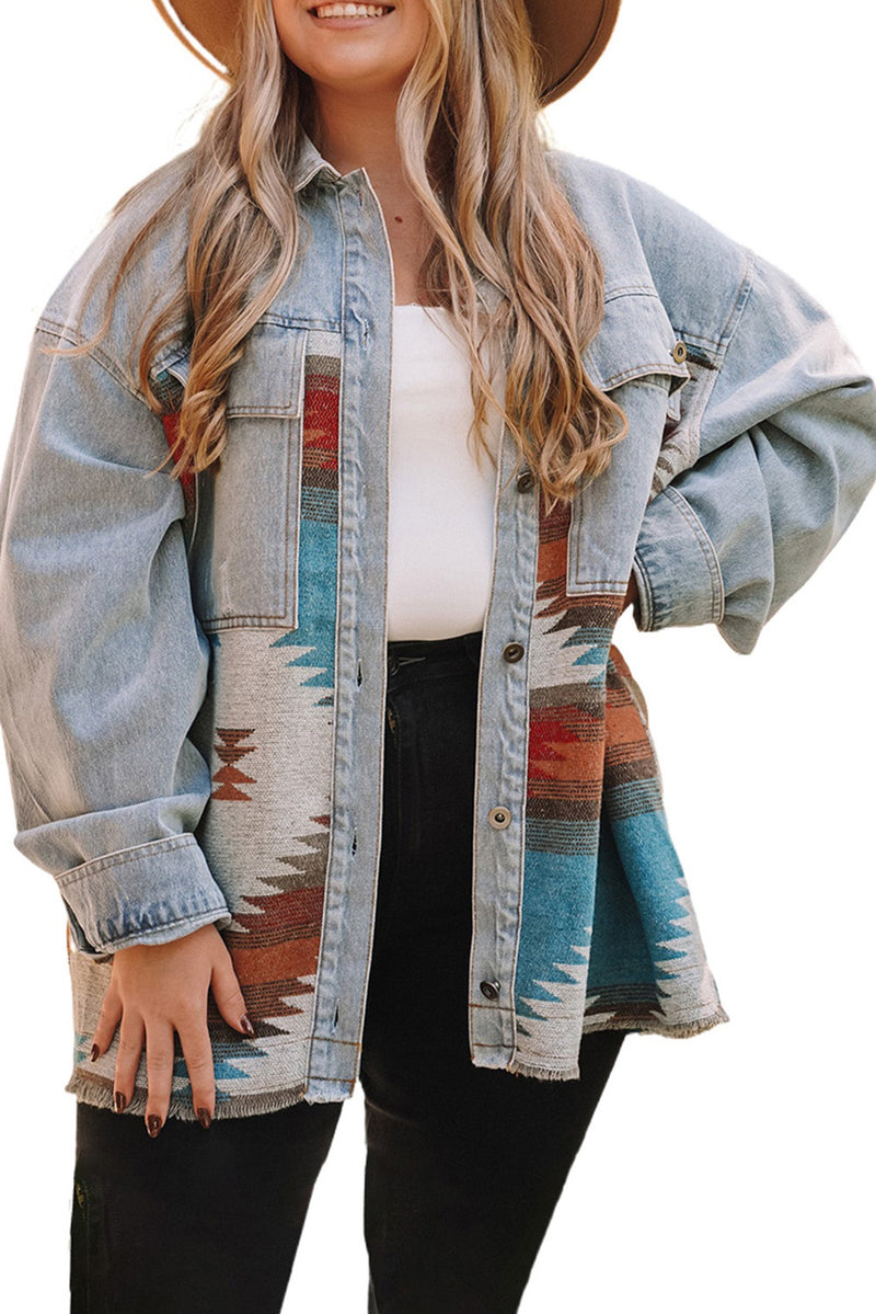 Sky Blue Plus Size Denim Aztec Jacket