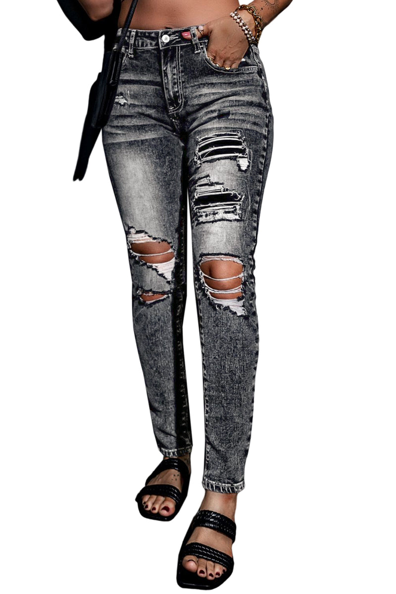 Gray Acid Wash High Rise Ripped Skinny Jeans