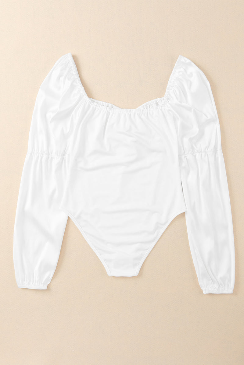 White Square Neck Drawstring Pleated High Waist Bodysuit