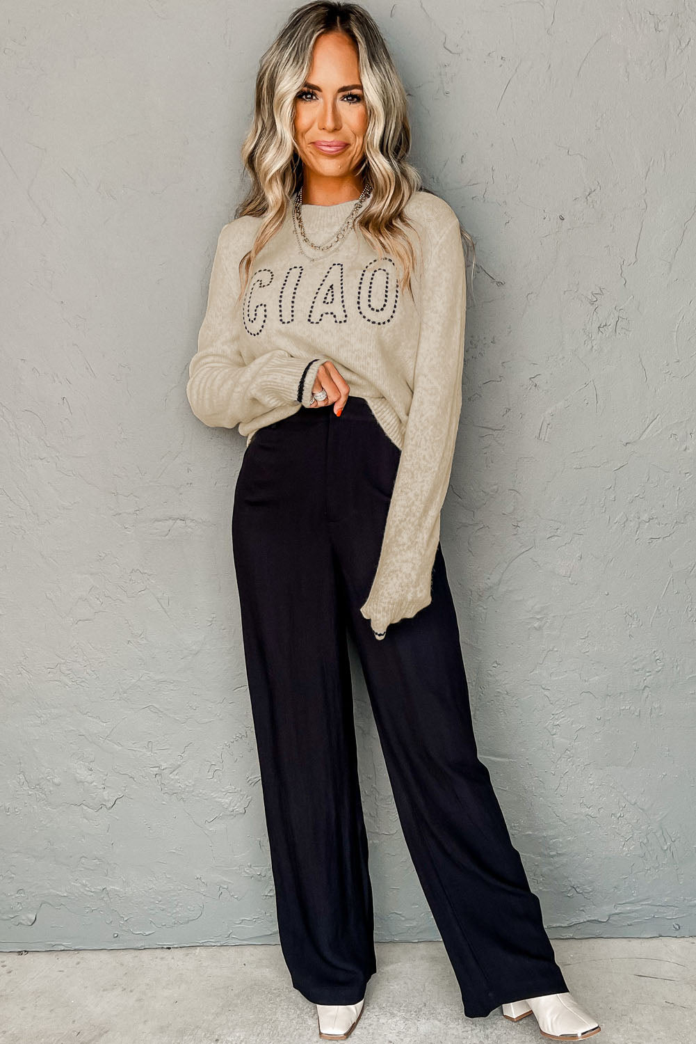 Oatmeal CIAO Letter Graphic Crew Neck Sweater