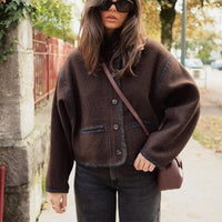 Retro Chocolate Stand Collar Wool Blend Coat Women Chic Single Breasted Long Sleeve Pocket Jacket New Lady Commute Streetwears