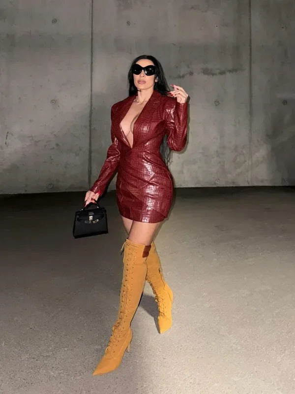 Sexy Deep V Neck Burgundy Leather Dress Women Long Sleeve High Waist Fold Slim Mini Dresses 2024 New Lady Highstreet A-line Robe