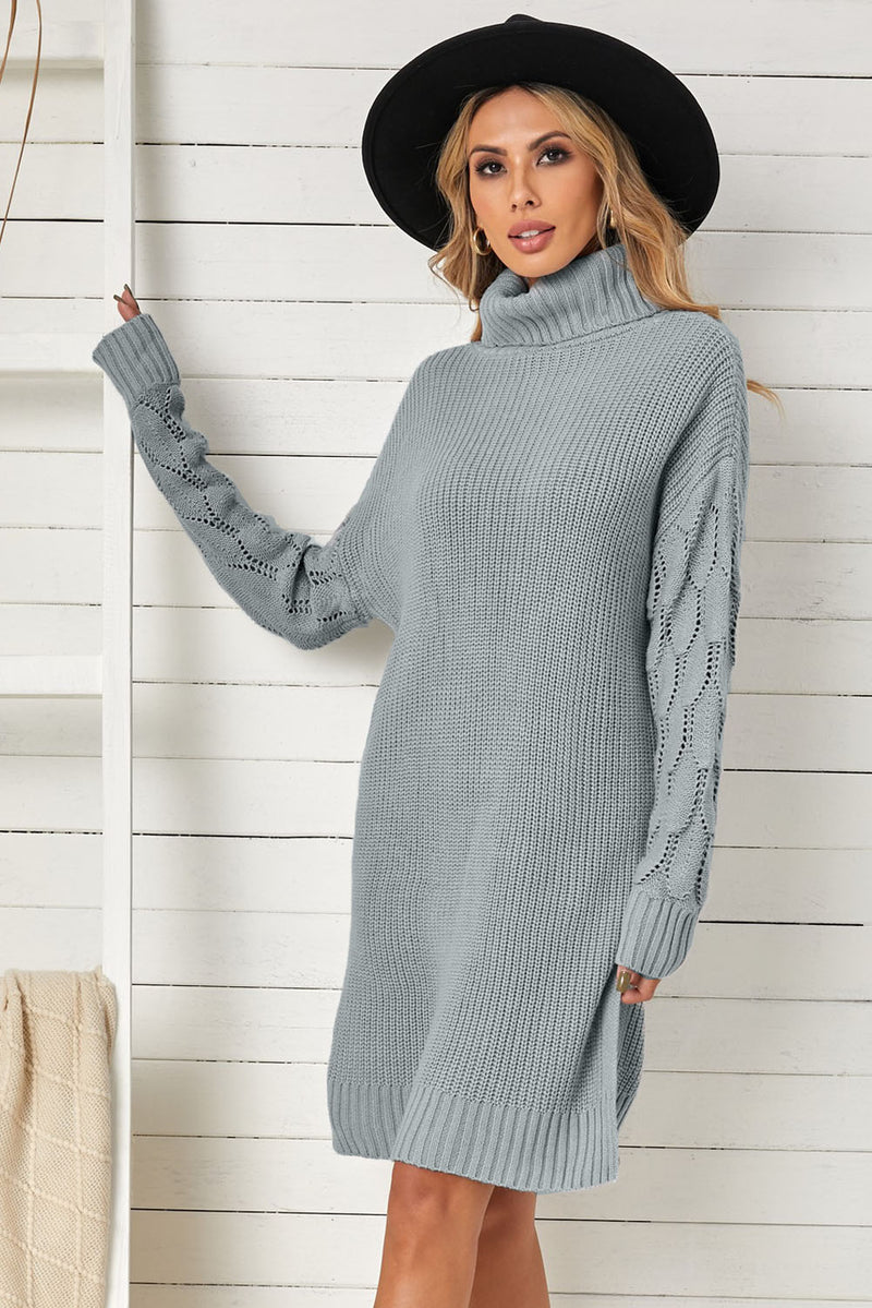 Gray Plain Turtleneck Sweater Dress with Slits