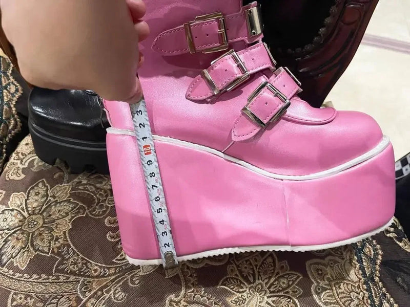 Punk Women Boots Cosplay Ladies High Heel Platform Wedges Women High Boots Gothic Buckle Strap Long Tube Leather Female Boots