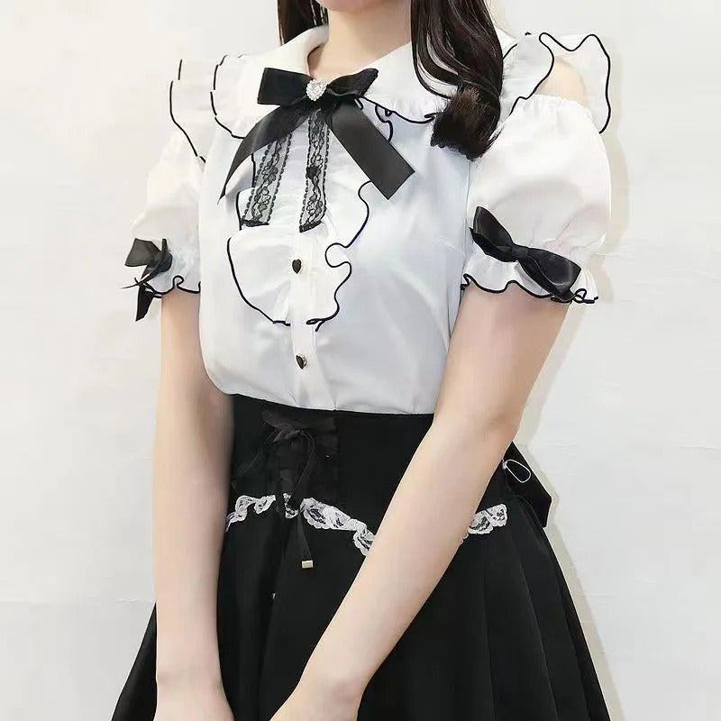 Gothic Lolita Blouses Women Sweet Bow Off Shoulder JK Shirt Japanese Girls Elegant Love Heart Lace Ruffles Blusas Mujer Tops