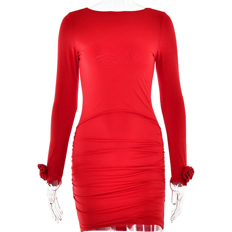 Articat Autumn 2023 Long Sleeve Tight Dress For Women Sexy Backless Bodycon Mini Dress Fold Female Party Club  Evening Dress