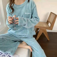 Autumn Women Solid Warm 2 Piece Sets Thicken Velvet Ribbed Fleece Set Pullover And Pants Women Casual Pajama Sets 2024