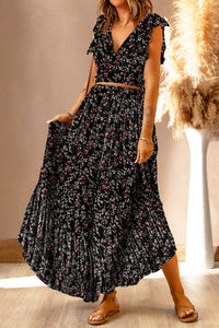 Women's Floral Ruffled Crop Top and Maxi Skirt Set for Fashionable and Fresh Style