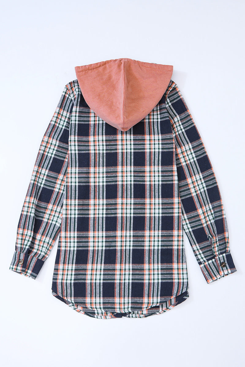 Bluing Contrast Hooded Drawstring Plaid Shacket