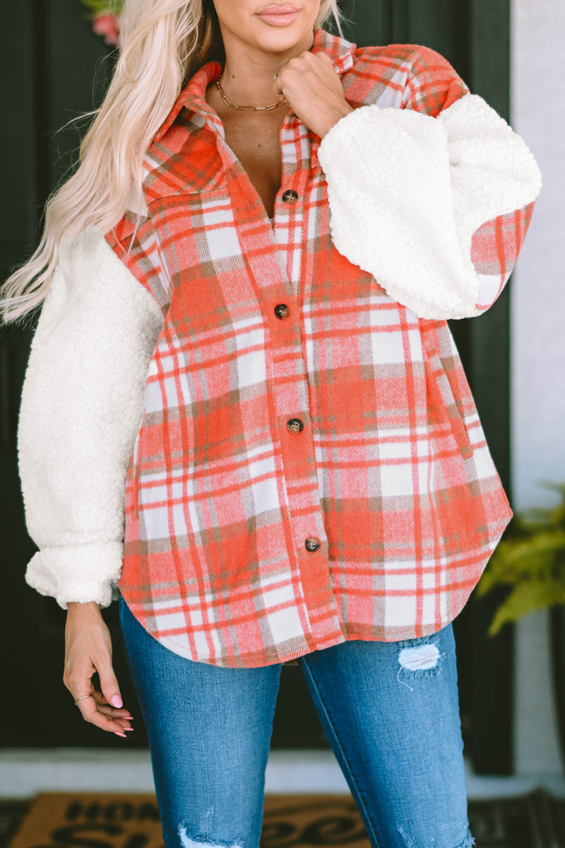 Fiery Red Sherpa Sleeve Plaid Print Shacket