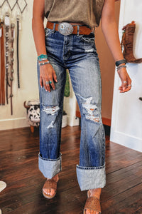 Dusk Blue Mineral Wash High Rise Ripped Jeans