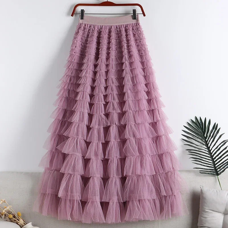 Medium-length Wire Mesh Spliced Cake Skirt 2023 Spring Summer Autumn/winter New Style A- line Long Dress Puffy Dress