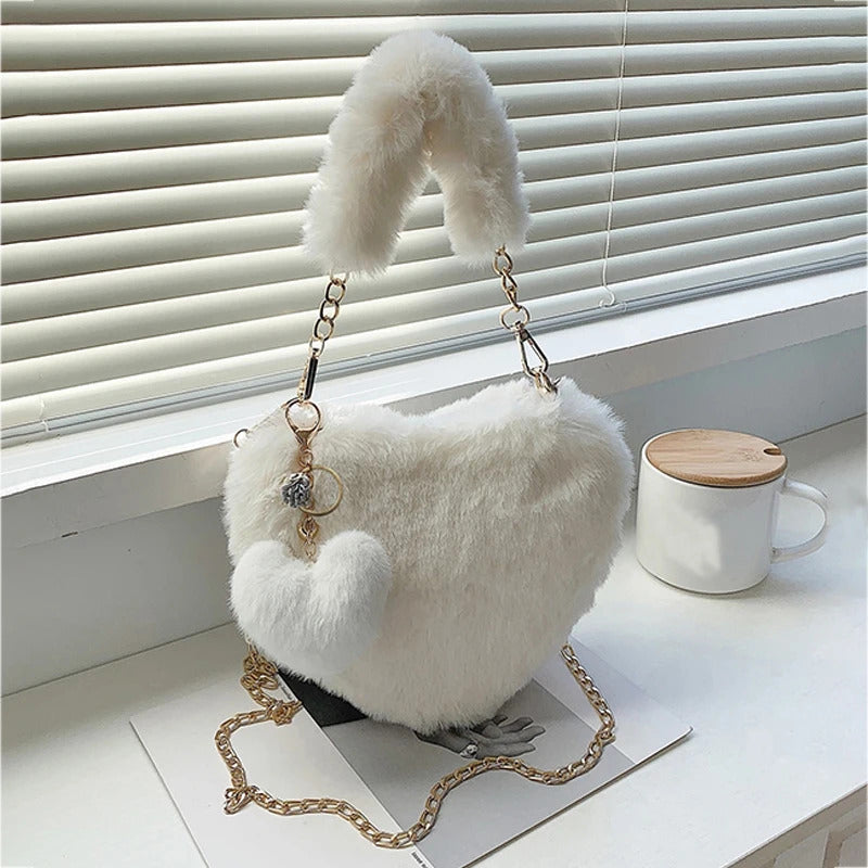 Faux Fur Heart-shaped Women Small Handbags Fluffy Plush Ladies Chain Shoulder Bag Fashion Female Furry Daily Clutch Purse