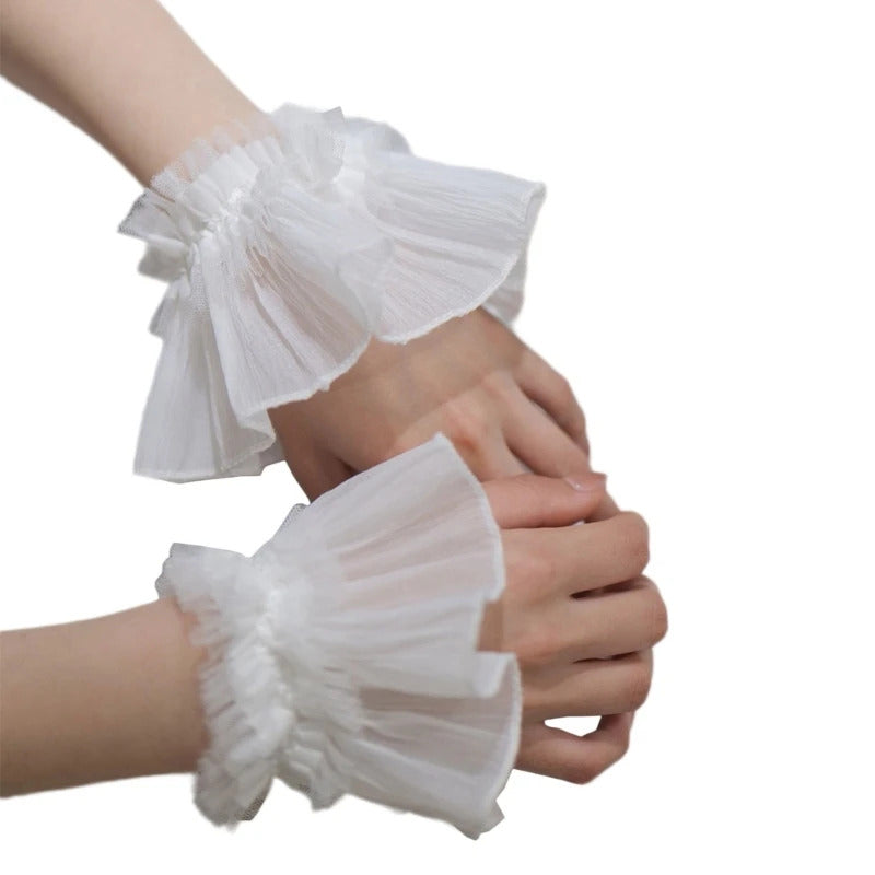 Women Wrist Cuffs Removable Lace Ruffled Wedding Supply Bride Dress False Sleeves Tulle Flared Sleeves F0T5