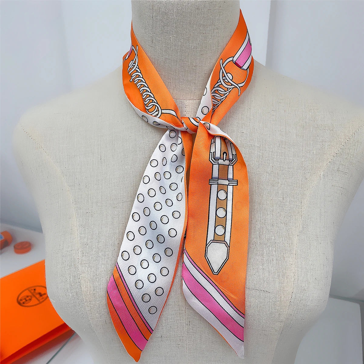 Korean Spring New Chain Buckle Decoration Ribbon Small Scarf Women Twill Tied Bag Handle Ribbon Hair Band Souvenir Small Scarf