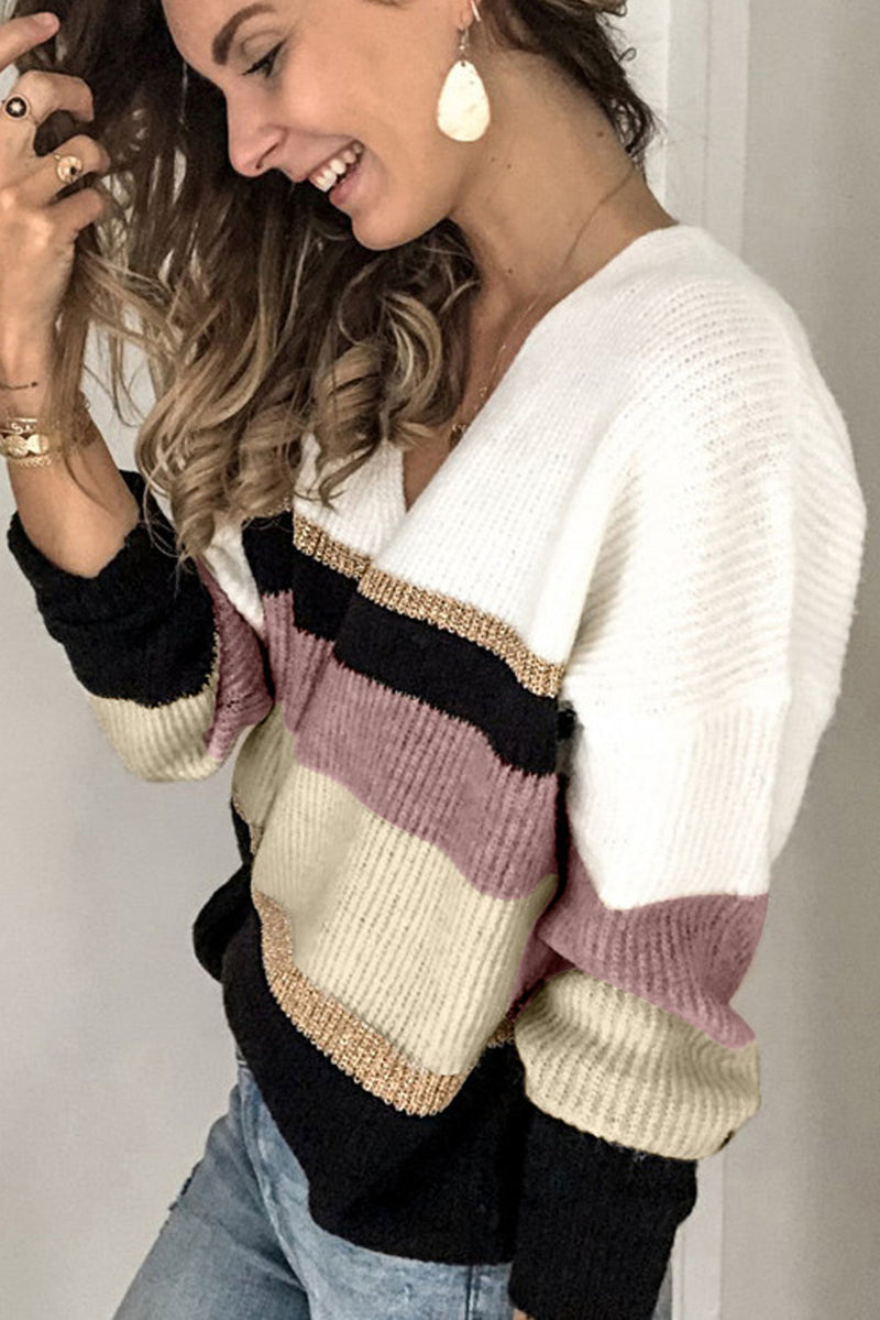 Brown Casual Color-Block Striped Long Sleeve V Neck Sweater