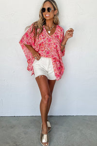 Pink Boho Floral V Neck Kimono Style Blouse