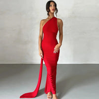 Mozision Oblique Shoulder Backless Maxi Dress For Women Gown Summer Back Strap Sleeveless Ruched Party Sexy Long Dress Vestidos