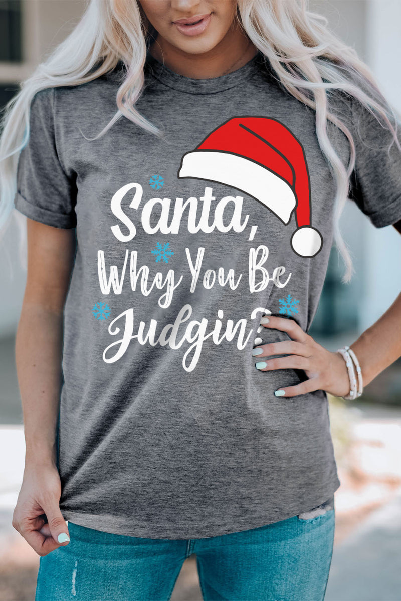 Gray Christmas Santa Hat Snowflake Slogan Graphic Tee