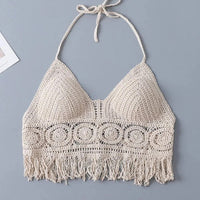 Women's Boho Fringe Backless Halter Tie Neck Underwear Outerwear with Neck Hanging Embroidery Tassel Suspender Vest Short Tank