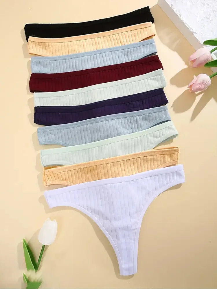 6Pcs/Set Women Cotton Thongs Panties Female Ribbed Low Rise G-String Ladies Sexy Bikini 7 Solid Color Girl Soft S-XL Intimates