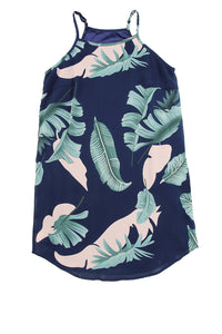 White Palm Tree Leaf Print Ivory Sleeveless Dress