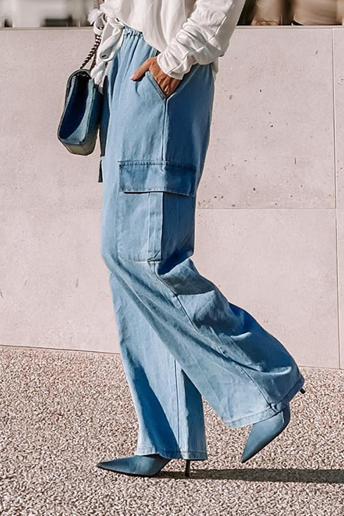 Sky Blue Drawstring High Waist Cargo Pocket Wide Leg Jeans