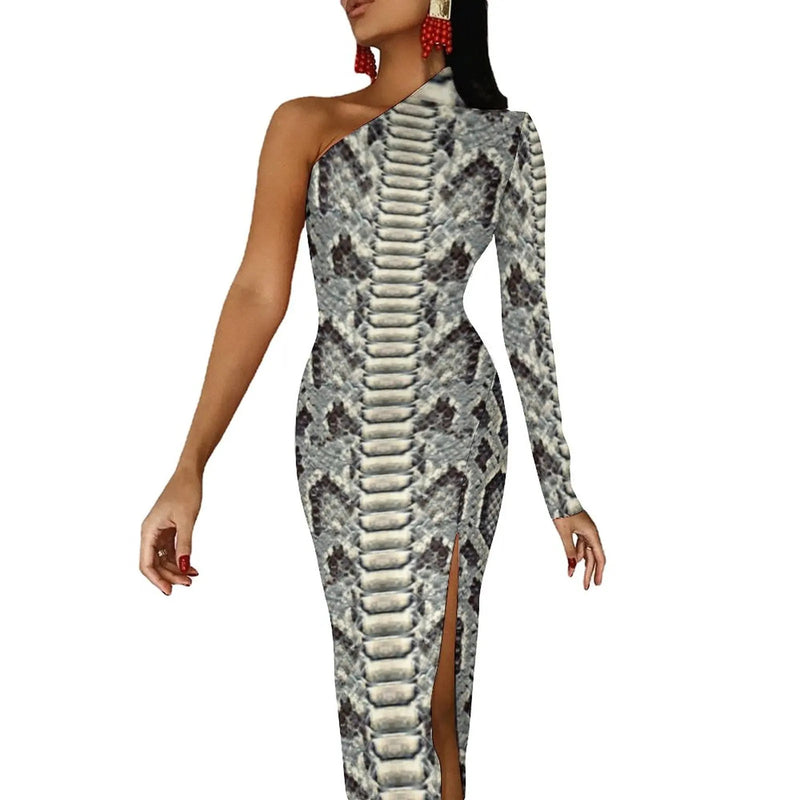 Snakeskin Bodycon Dress Summer Greys and Silvers Retro High Slit Long Dresses Long Sleeve Graphic Aesthetic Dress