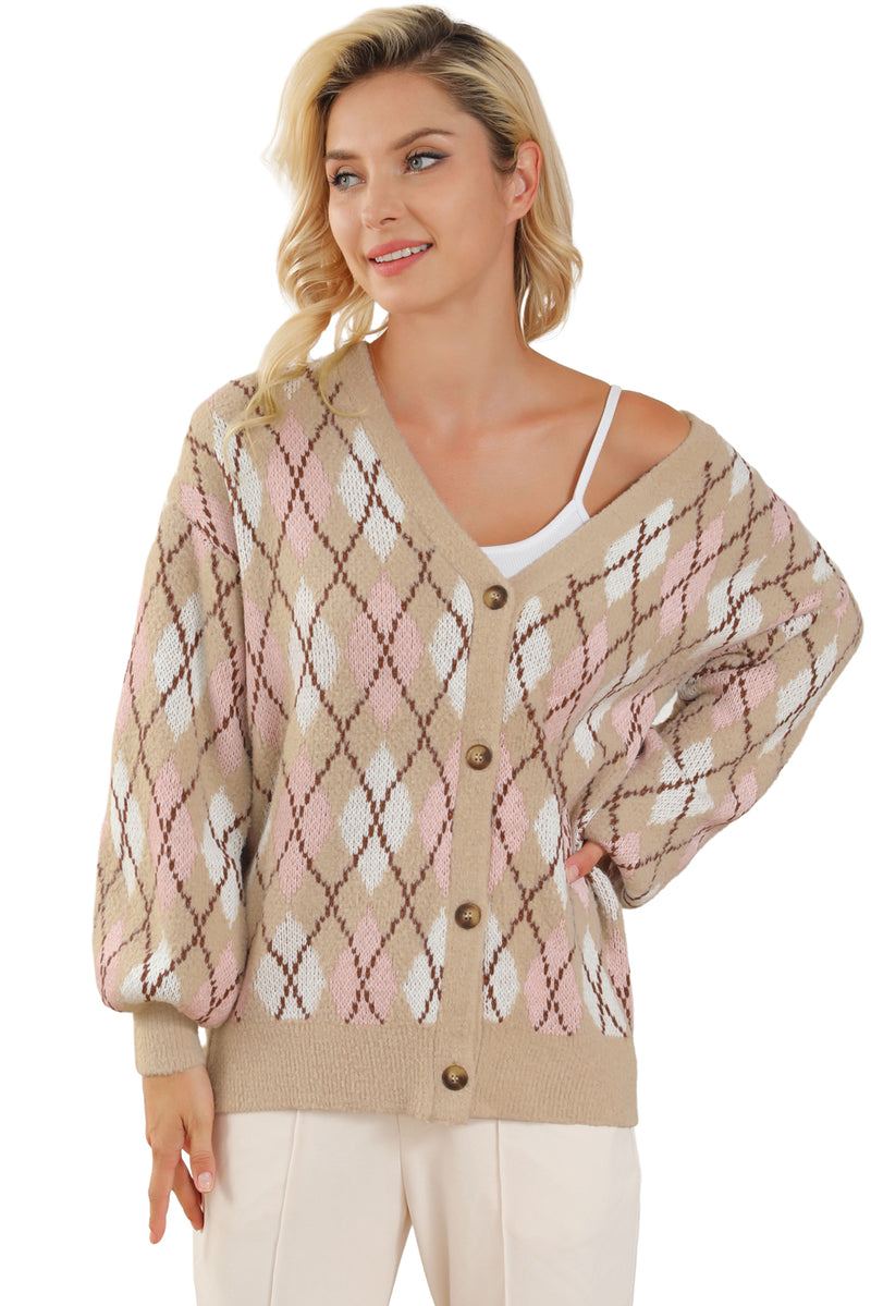 Multicolour Rhombus Pattern Knit Sweater Cardigan