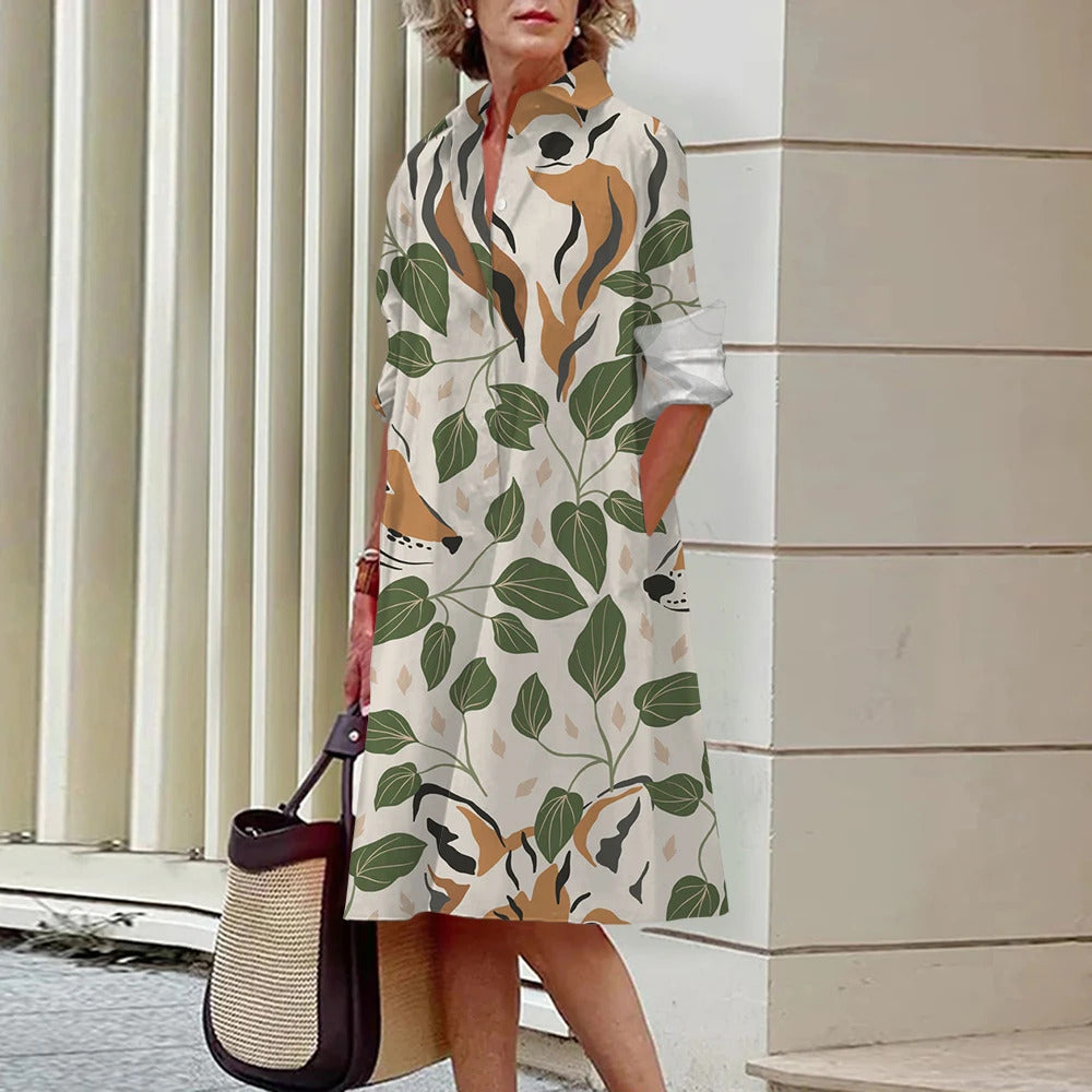 Floral Pattern Shirt Dress Elegant Women's Summer Casual Lapel Long Sleeve Midi Dress High Temperament Fashion Street Shirt