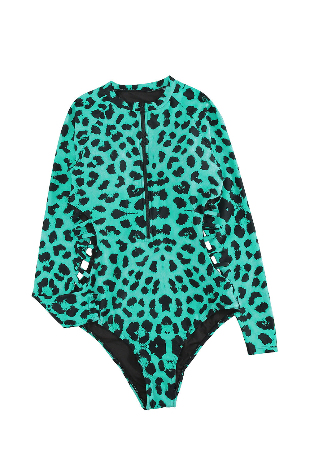 Green Leopard Print Zipper Cut-out Rash Guard Swimsuit