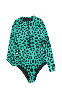 Green Leopard Print Zipper Cut-out Rash Guard Swimsuit