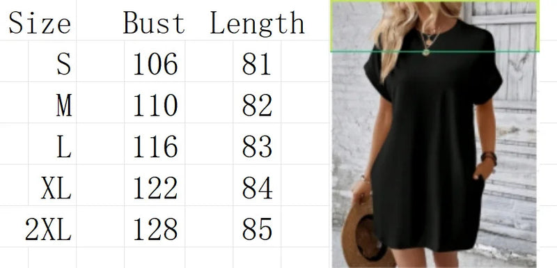 Pure Color Minimalist T-Shirt Short Dress Women Summer Round Neck Pocket Loose Dresses Robe