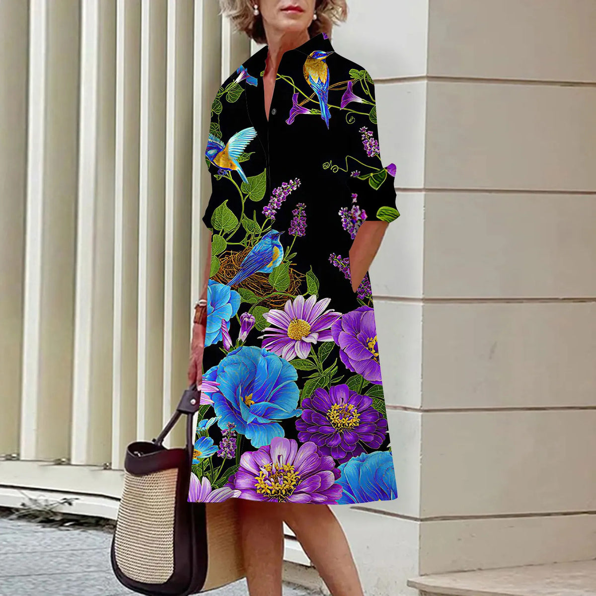 Floral Pattern Shirt Dress Elegant Women's Summer Casual Lapel Long Sleeve Midi Dress High Temperament Fashion Street Shirt