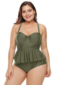 Olive Moulded Cups Peplum Plus Size Bikini