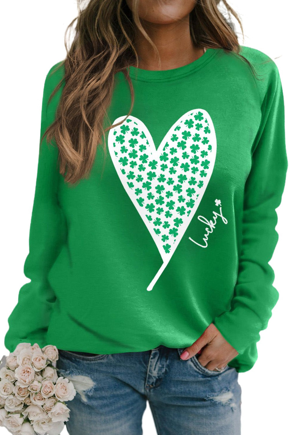 Green Lucky Clover Heart Graphic Raglan Sleeve Sweatshirt