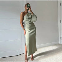 Mingmingxi Autumn Sexy One Shoulder Long Sleeve Linen Blending Dresses Elegant Backless Slit Bodycon Dress 2023 Pleated Robe