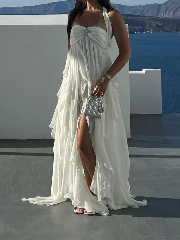 Chic Ruffles Long Robes With Scarf Collar Women Elegant High Slit Off Shoulder Backless Midi Dresses Ladies White Wedding Dress